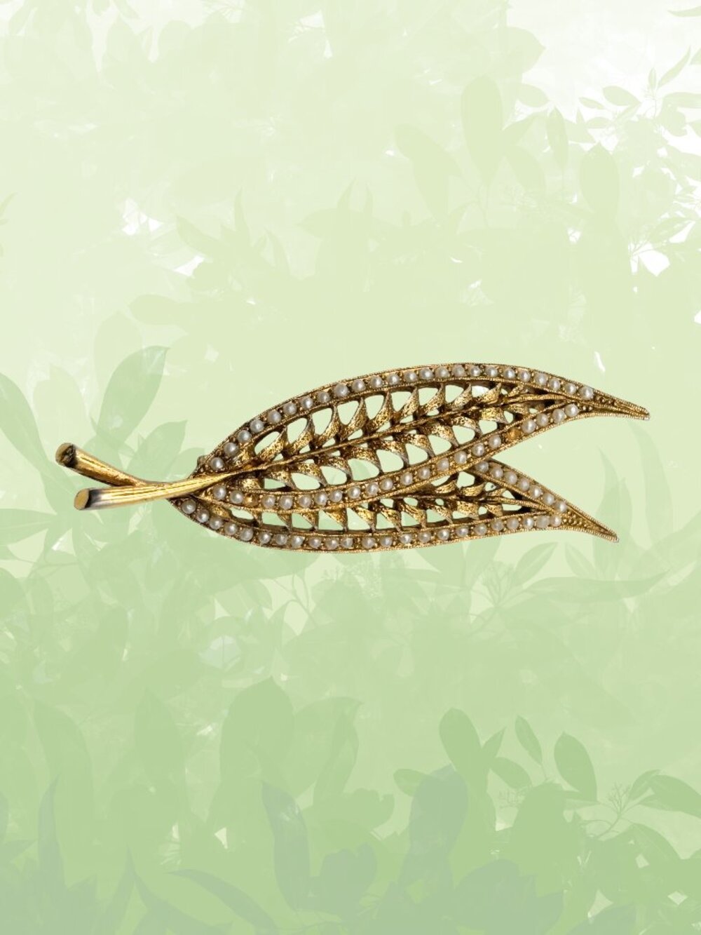 Vintage Gold-tone Double Leaf Brooch With Faux Pearls - 2 1/2"